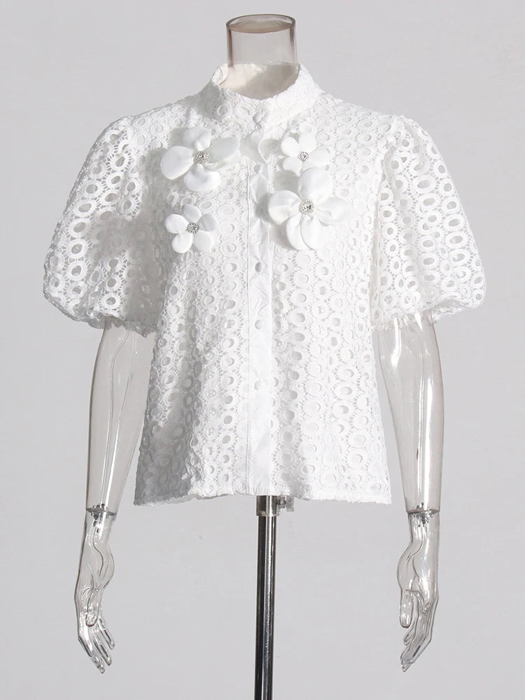 Hollow Out Spliced Appliques Blouses WHITE PE Blouses