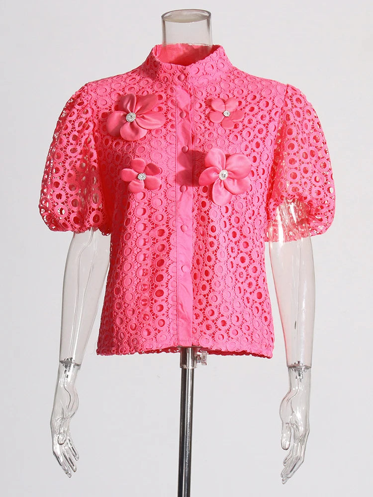 Hollow Out Spliced Appliques Blouses ROSE PE Blouses