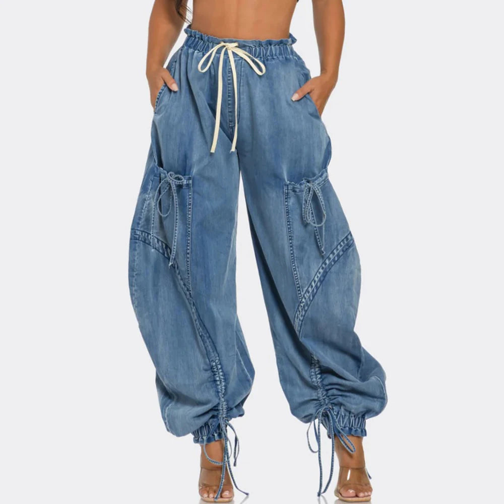 Denim Spliced Lace Up Jeans Blue Bottoms