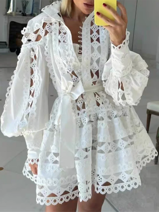 Solid Hollow Out Patchwork Lace Dresses