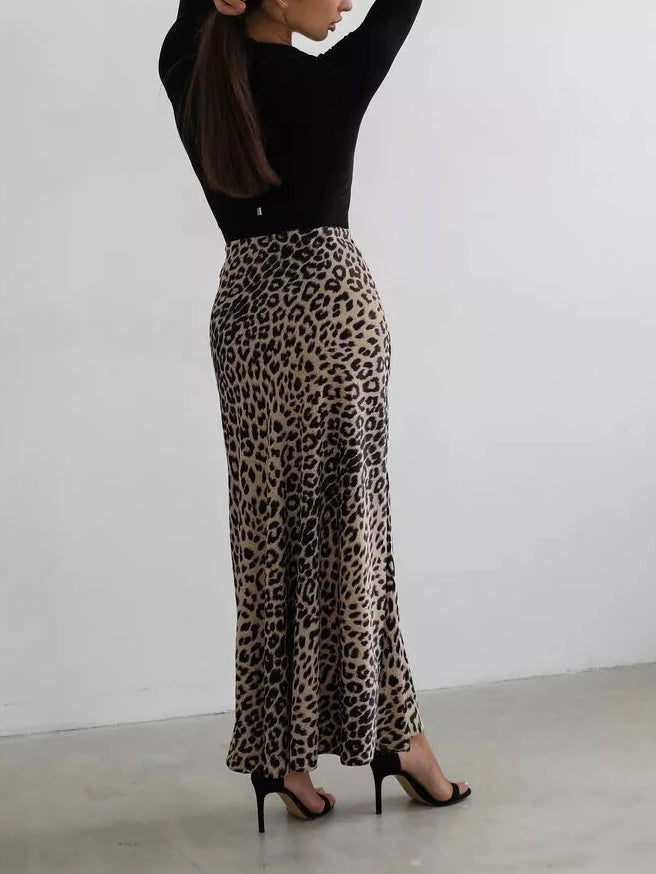 Leopard Satin Skirt Elastic High Waist