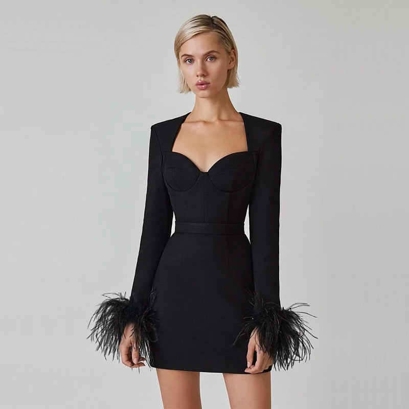 Long Sleeve Feather Mini Cocktail Dress Mini Dress 1