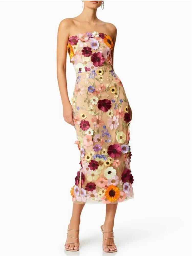 Top Quality Strapless Flowers Bodycon Mid-calf Dress MULTI Maxi dress 1