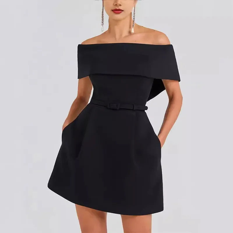 Elegant Off-Shoulder A-Line Mini Dress - Sleeveless & Backless Black Mini Dress 1