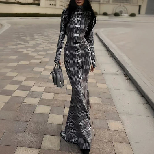 Colorblock Slimming High-Neck Dress for Women - Patchwork Stripe Design Maxi dress 1