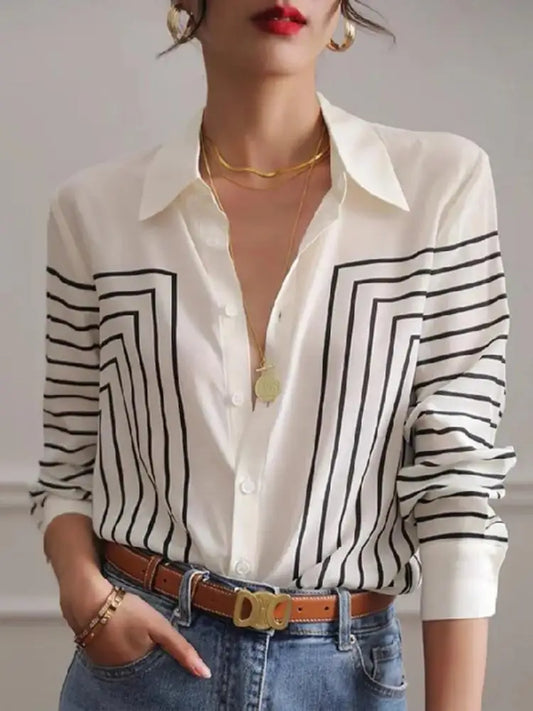 Striped Printed Lapel Blouses