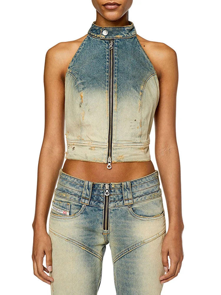 Hit Color Backless Denim Vests