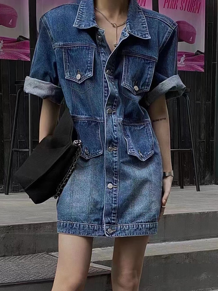 Button Denim Dresses  Lapel Long Sleeve High Waist Mini Solid