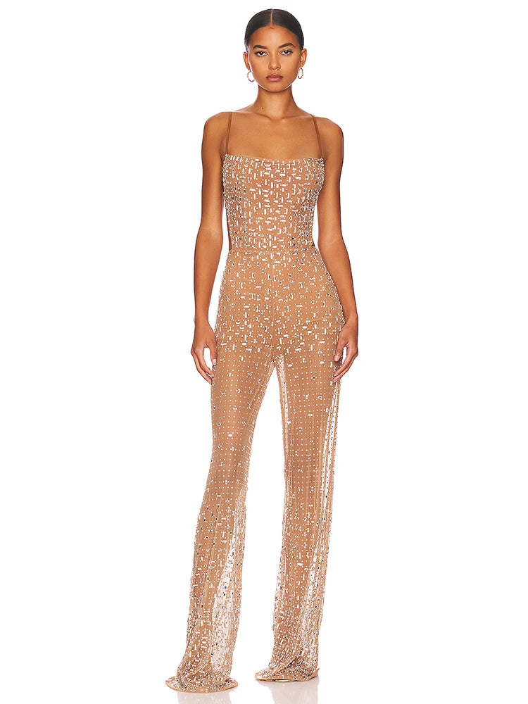 Straps Perspective Mesh Crystal Diamond jumpsuit