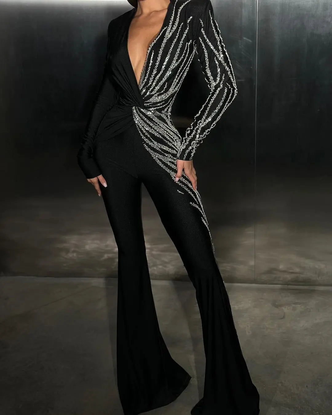 Diamonds Sexy V-Neck Stylish Flare Pants Jumpsuit