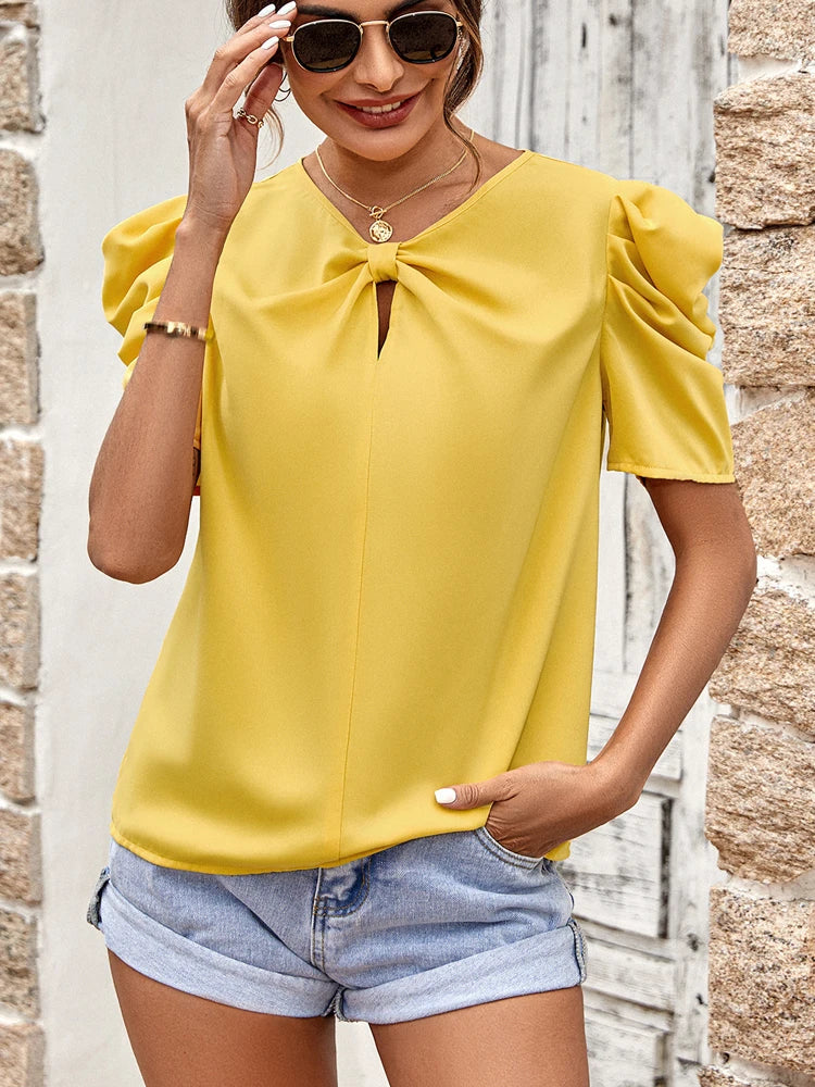 V-neck Elegant Puff Short Sleeve Blouse