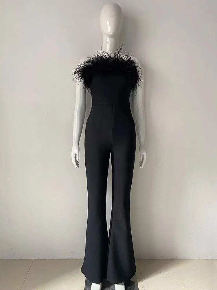 Strapless Sleeveless Off Shoulder Feather Jumpsuit