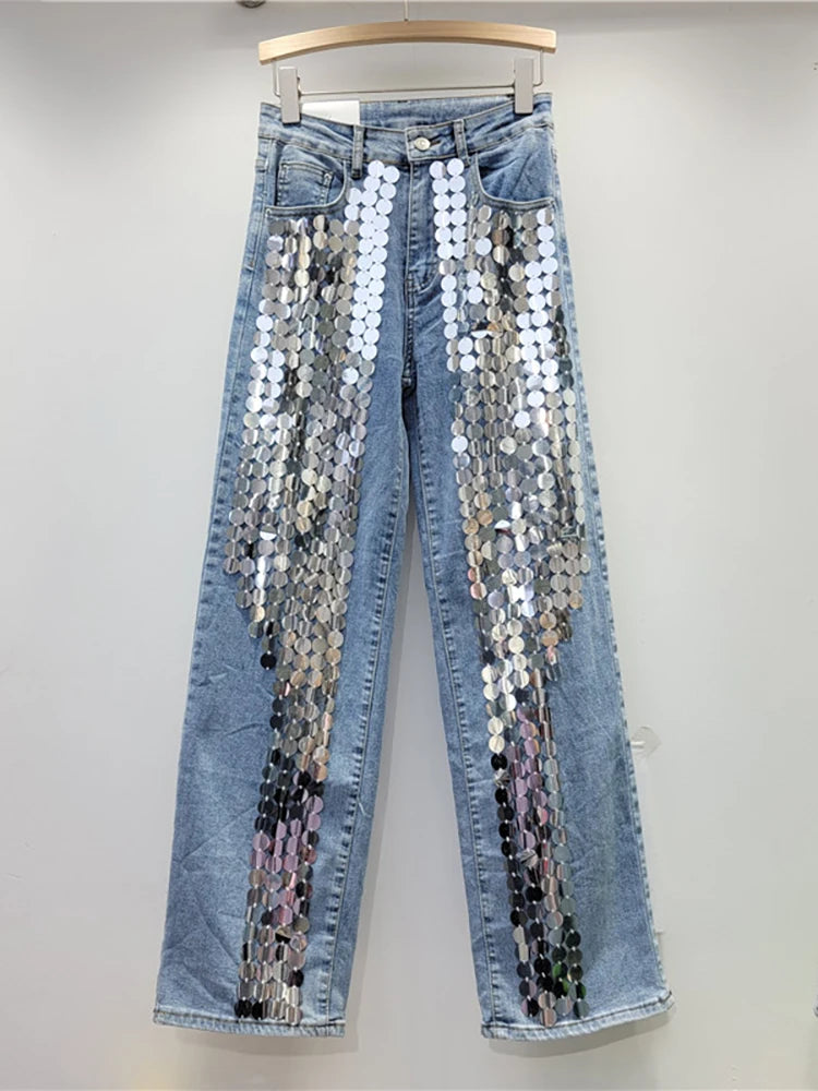 Jeans High Waist Solid Color Sequins