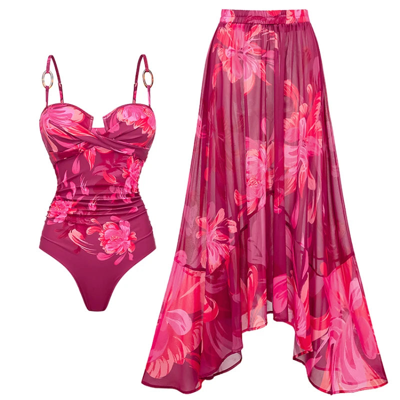 Sling Abstract Floral Print One Piece Swimsuit and Skirt SWIMSUIT AND SKIRT 1 swimwear