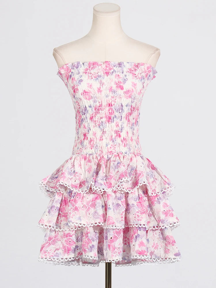 Hit Color Floral Printing strapless Dress