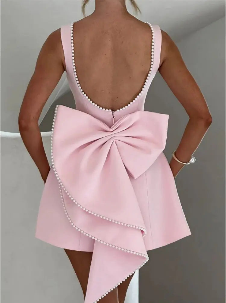 Elegant Pearl Bow Backless Short Dress Mini Dress 1