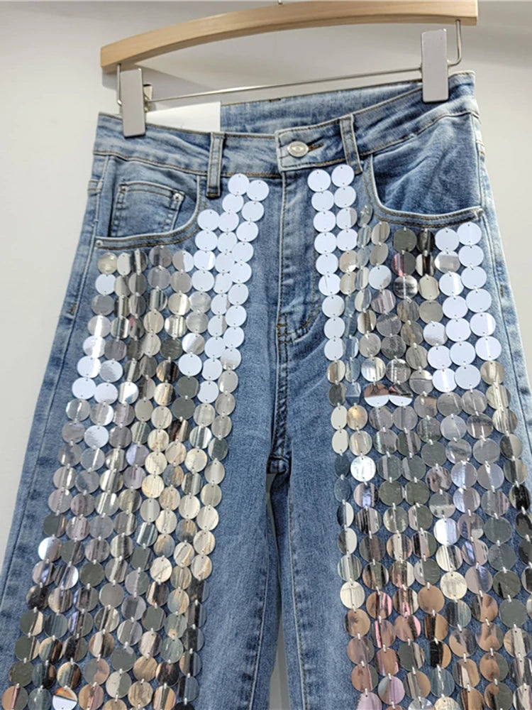 Jeans High Waist Solid Color Sequins