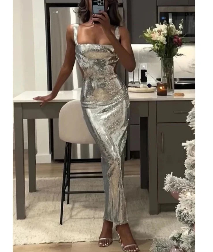 Sleeveless Sequins Backless  Dress