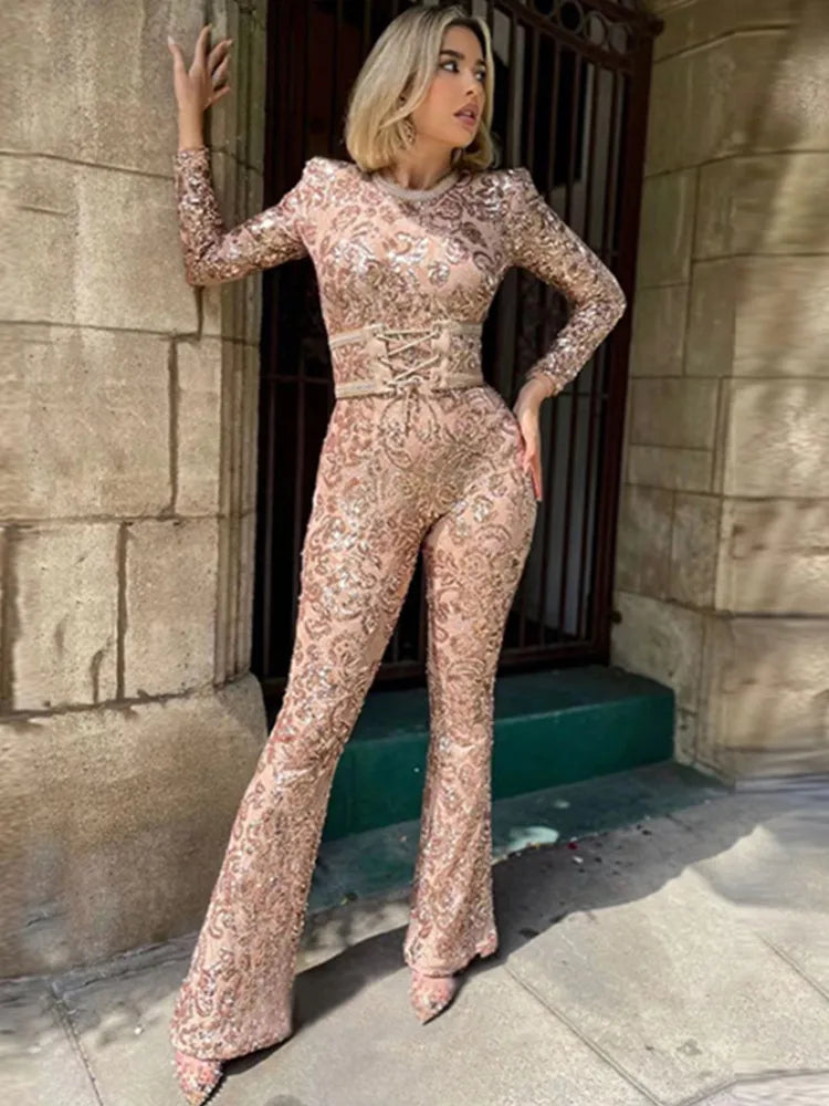 Long sleeve lace sequins bandage jumpsuit Jumpsuit/Rompers