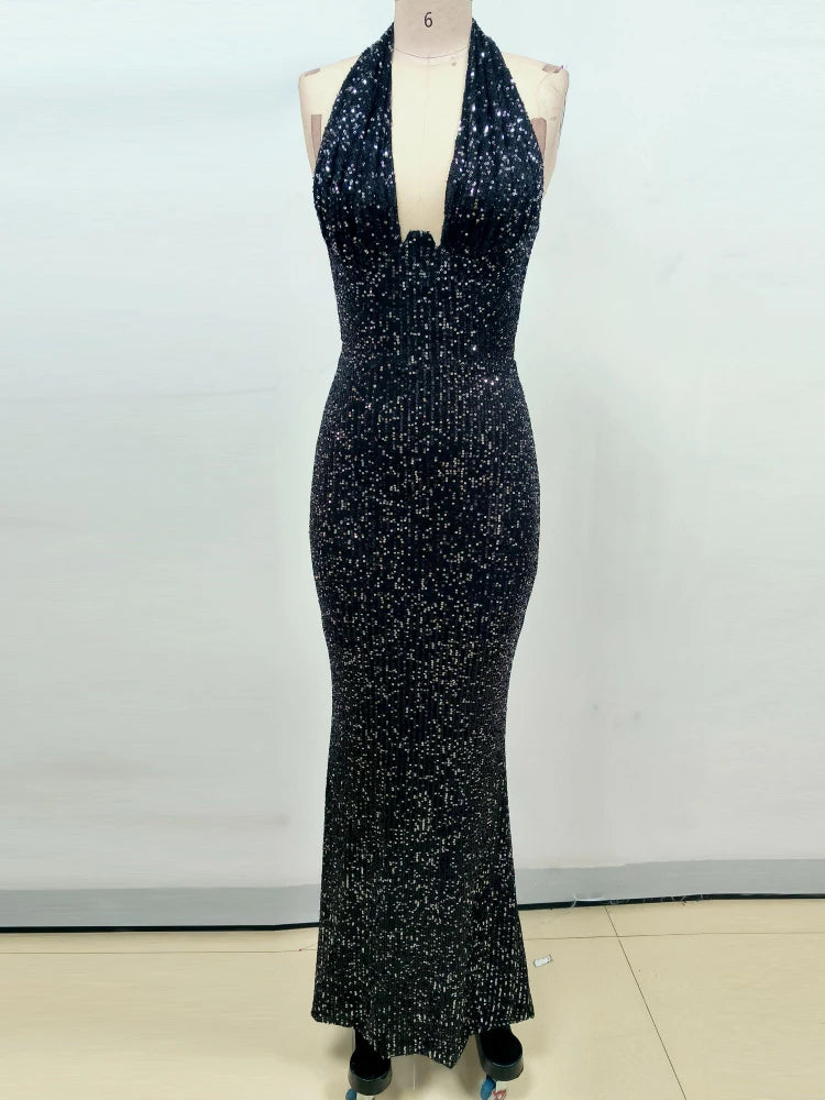 Sexy Halter Deep V Neck Sequins Maxi Dress Black Maxi dress 1