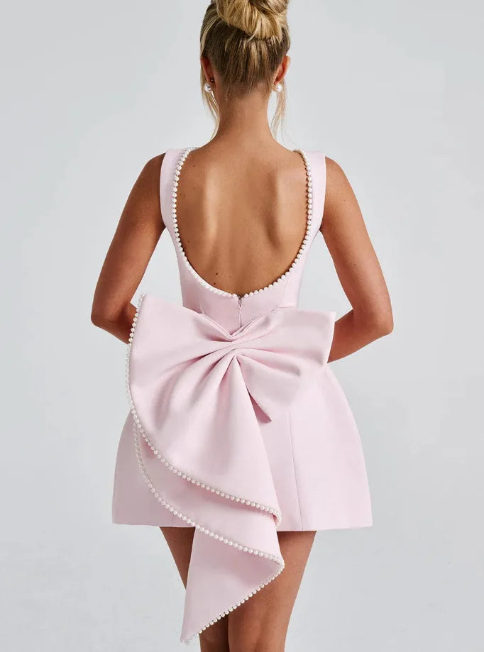 Elegant Pearl Bow Backless Short Dress Pink Mini Dress 1