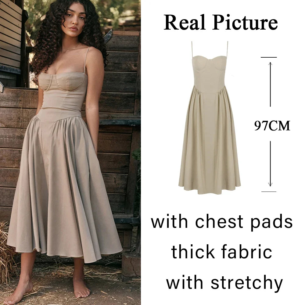 Suninheart Summer Elegant Midi Spaghetti Strap Dresses Khaki Maxi dress 1