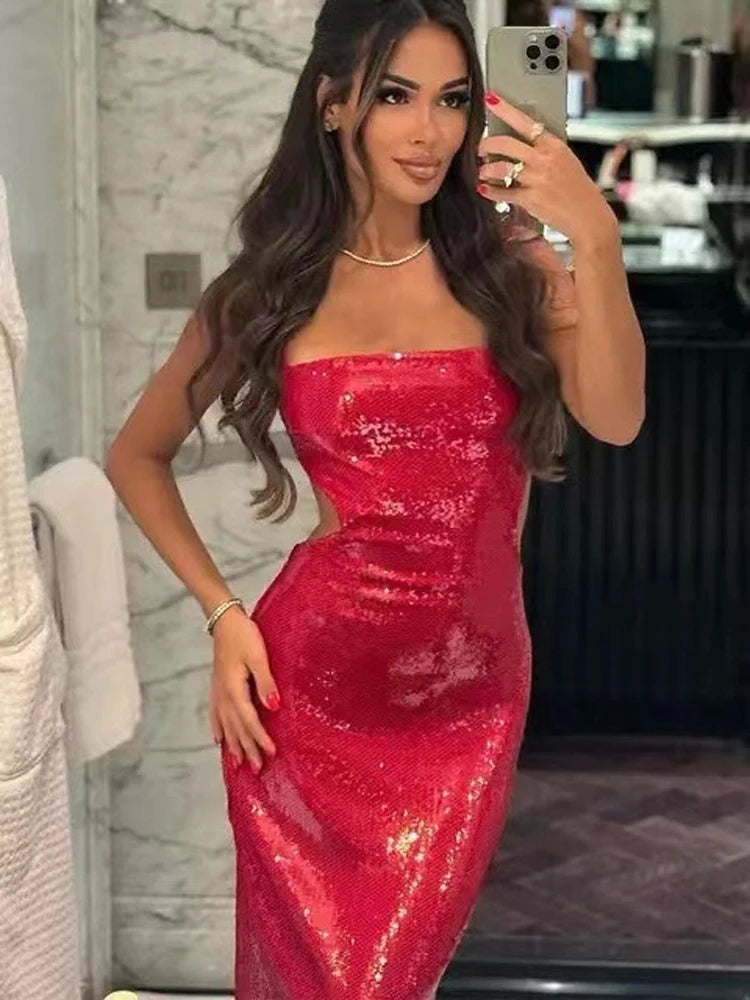 Sleeveless Sequins Backless  Dress