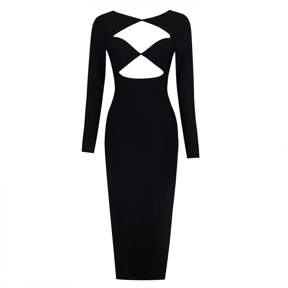 Classic Lady's Hollow Out Long Sleeve Bandage Dress Maxi dress 1