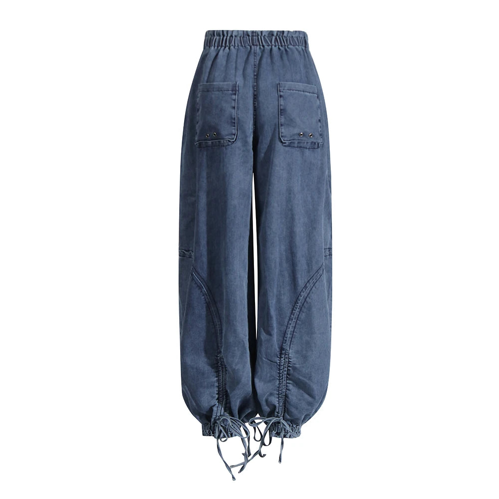 Denim Spliced Lace Up Jeans Bottoms