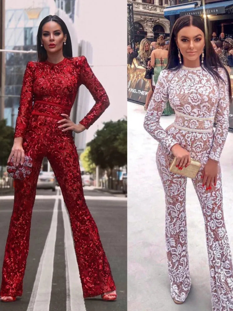 Long sleeve lace sequins bandage jumpsuit Jumpsuit/Rompers