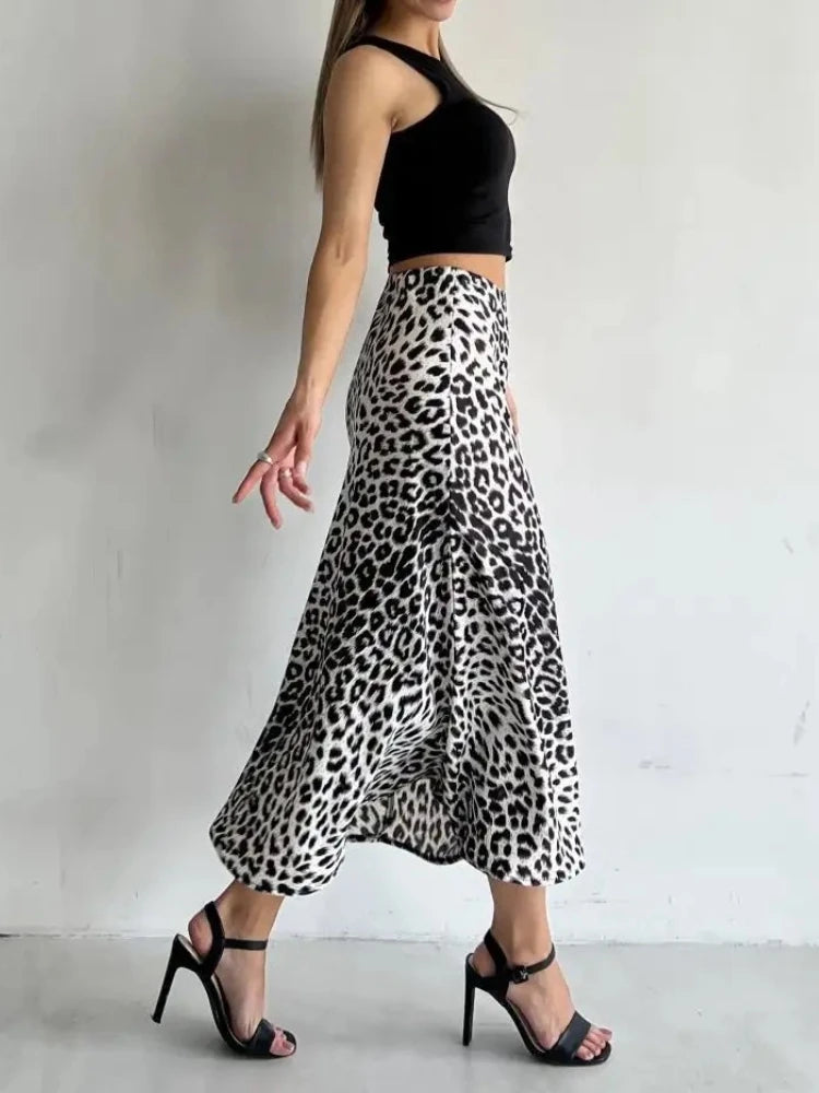 Leopard Satin Skirt Elastic High Waist