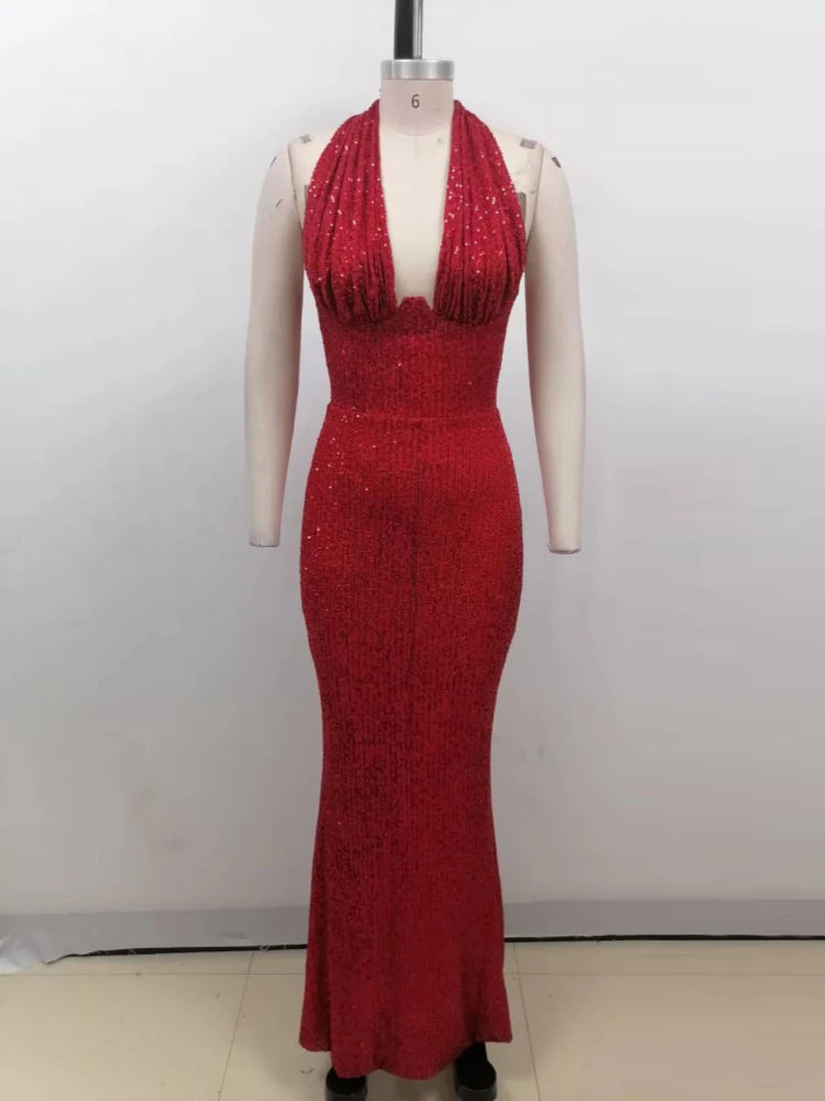 Sexy Halter Deep V Neck Sequins Maxi Dress Red Maxi dress 1