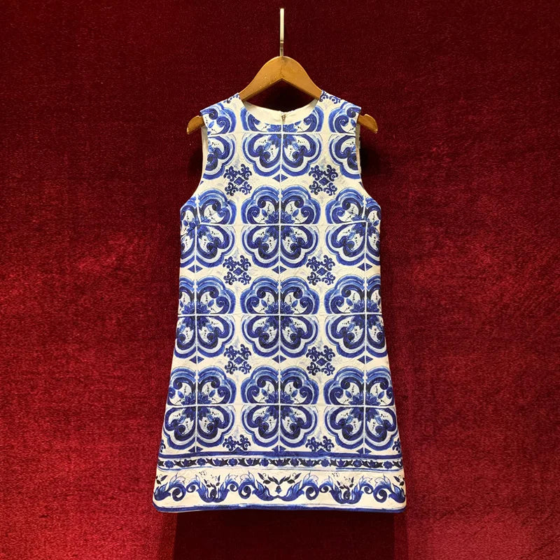 French Retro Printed Sleeveless A- Line Dress Blue Mini Dress 1