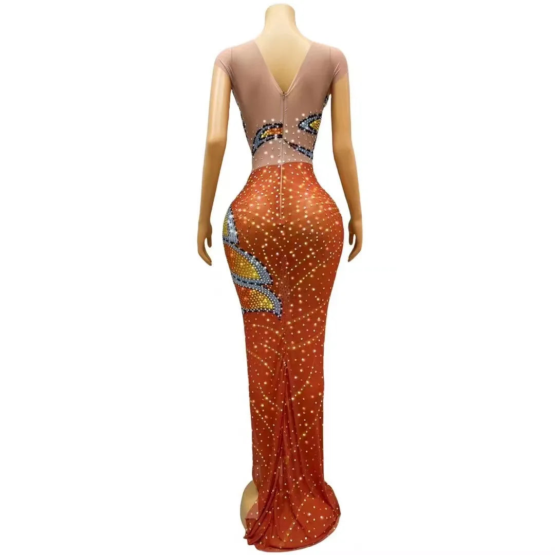 Orange Colorful Rhinestones Sleeveless Dress