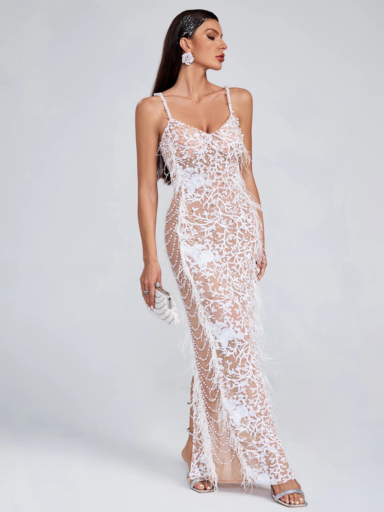 Pearl Beading Sexy Slim High Fashion Long Dress