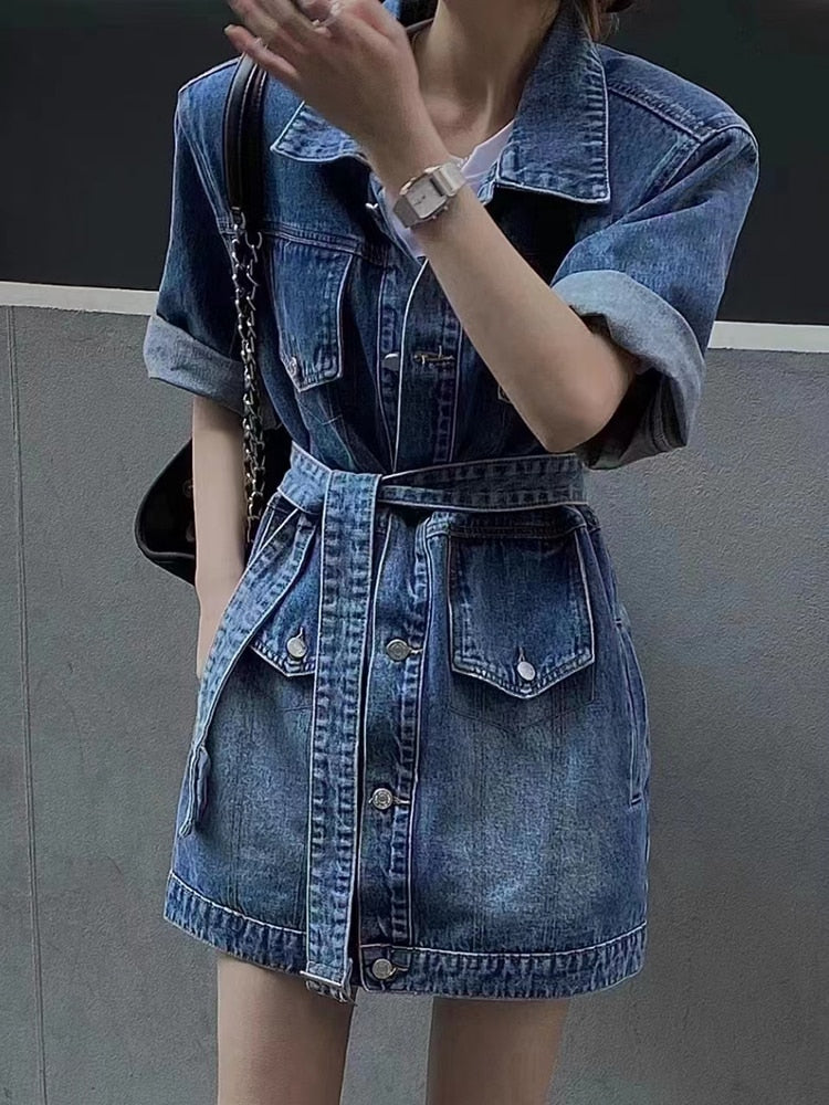 Button Denim Dresses  Lapel Long Sleeve High Waist Mini Solid