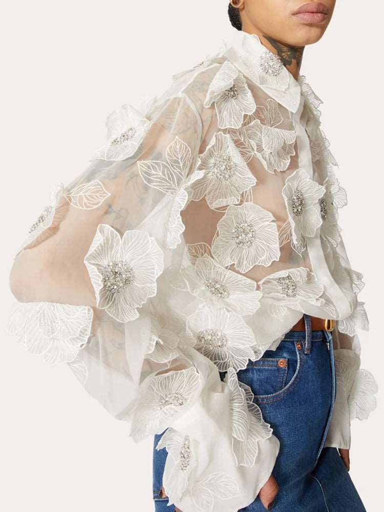 Appliques Mesh Temperament Loose Shirts PE Blouses