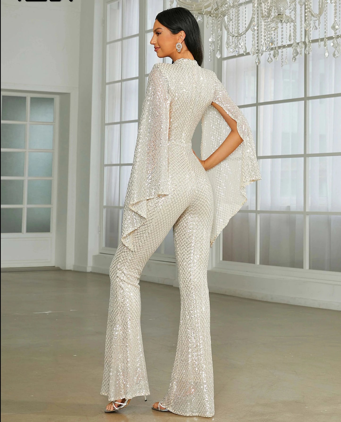 Cape Sleeve Sequin Apricot Jumpsuits