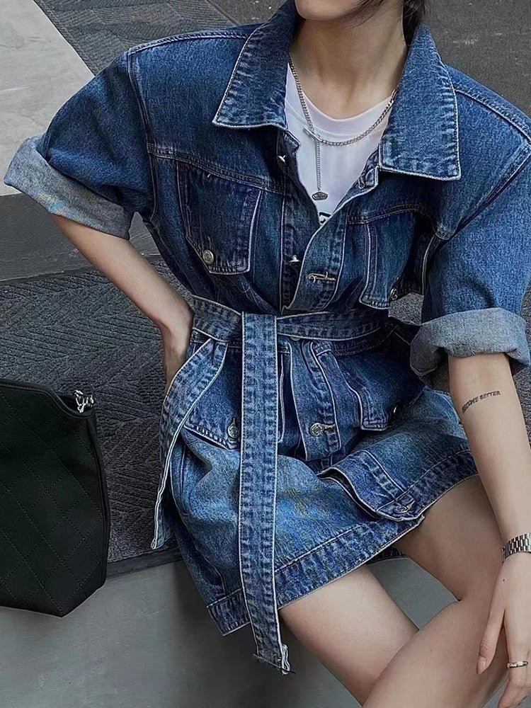 Button Denim Dresses  Lapel Long Sleeve High Waist Mini Solid