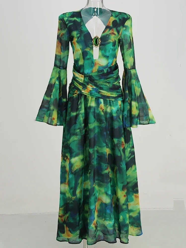 Forest Print Long Sleeve Maxi Dress Green Maxi dress 1