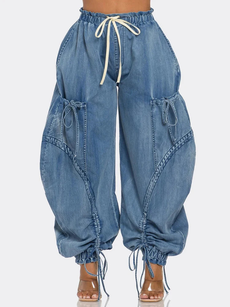 Denim Spliced Lace Up Jeans Bottoms