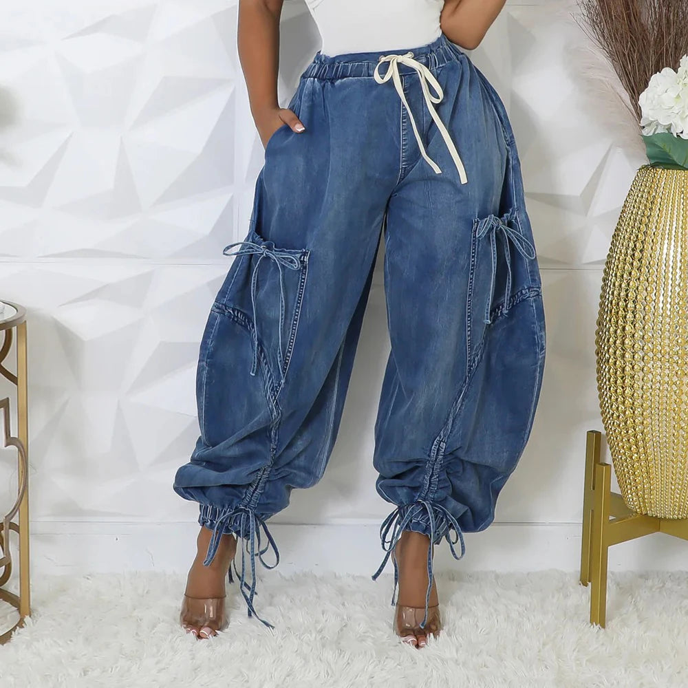 Denim Spliced Lace Up Jeans Bottoms