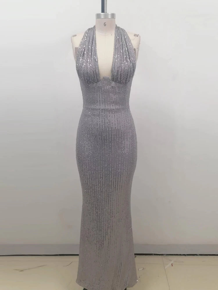 Sexy Halter Deep V Neck Sequins Maxi Dress Gray Maxi dress 1