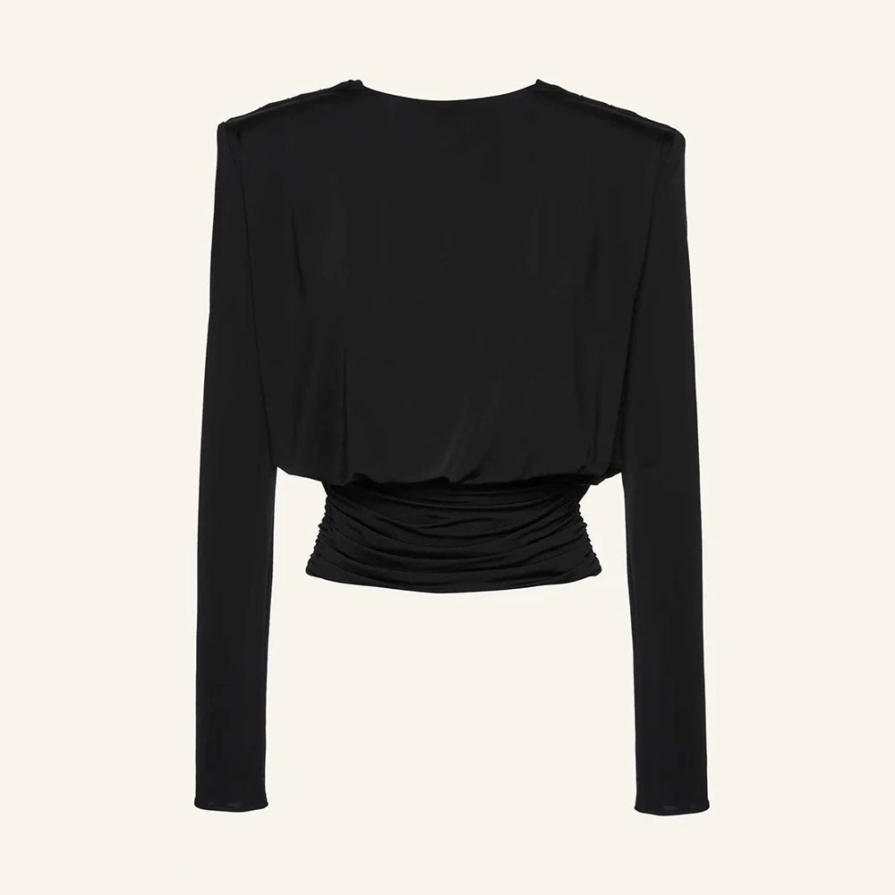 Solid Minimalist O-Neck Backless T-Shirt for Women - Elegant Long Sleeve Design Black PE Blouses