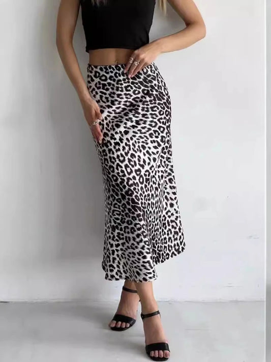 Leopard Satin Skirt Elastic High Waist