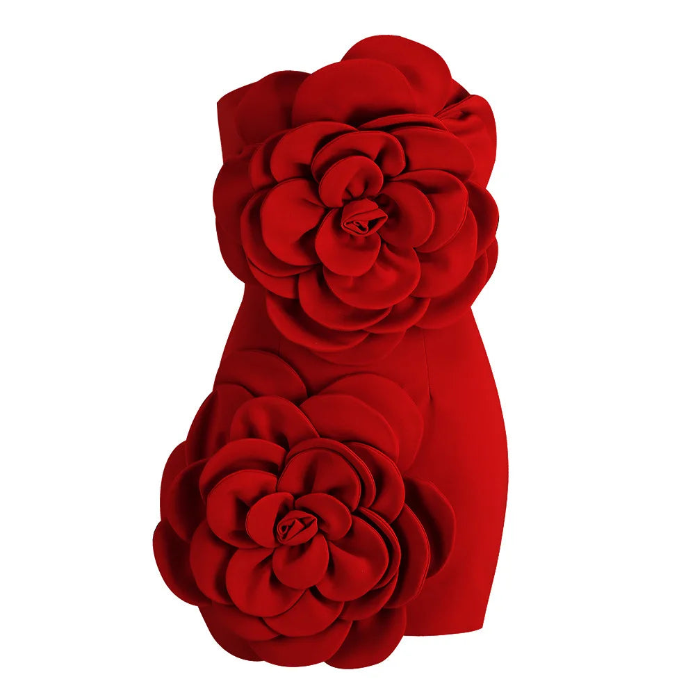 3D flower Strapless Sleeveless Mini Dres