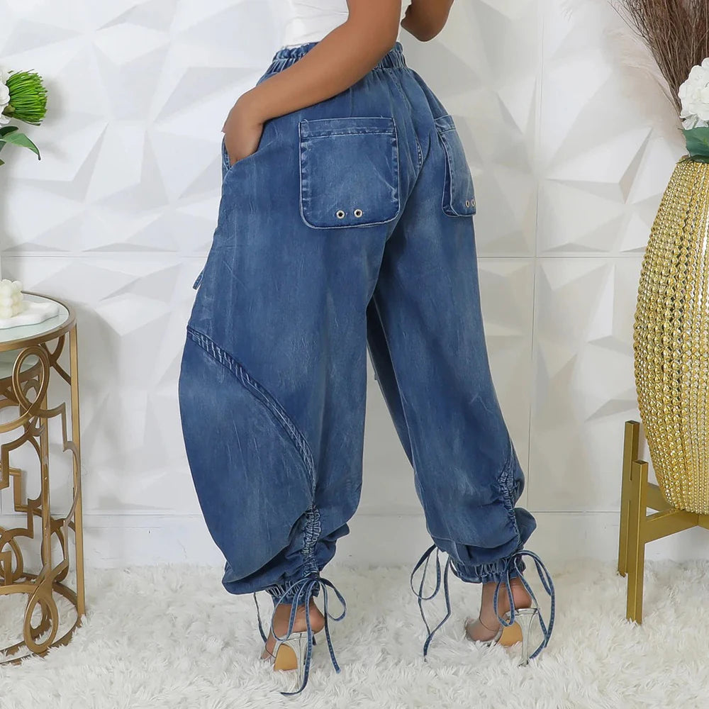 Denim Spliced Lace Up Jeans Bottoms