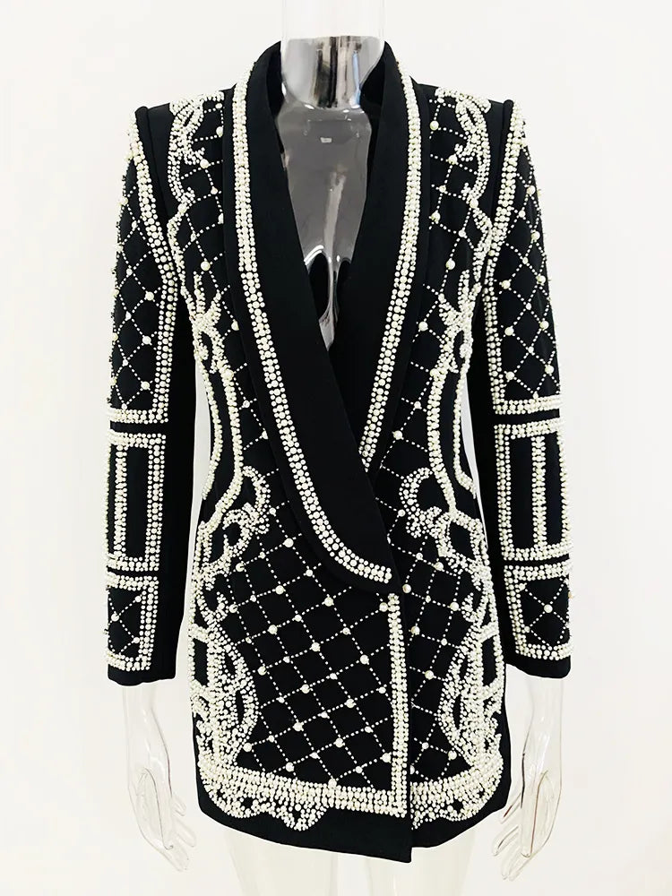 TOP QUALITY  Stunning Diamonds Pearls Beaded Black Blazer Dress