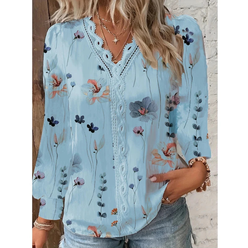 Floral Printted Blouse Long Sleeve Lace Stitching Shirt