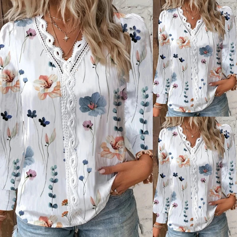 Floral Printted Blouse Long Sleeve Lace Stitching Shirt